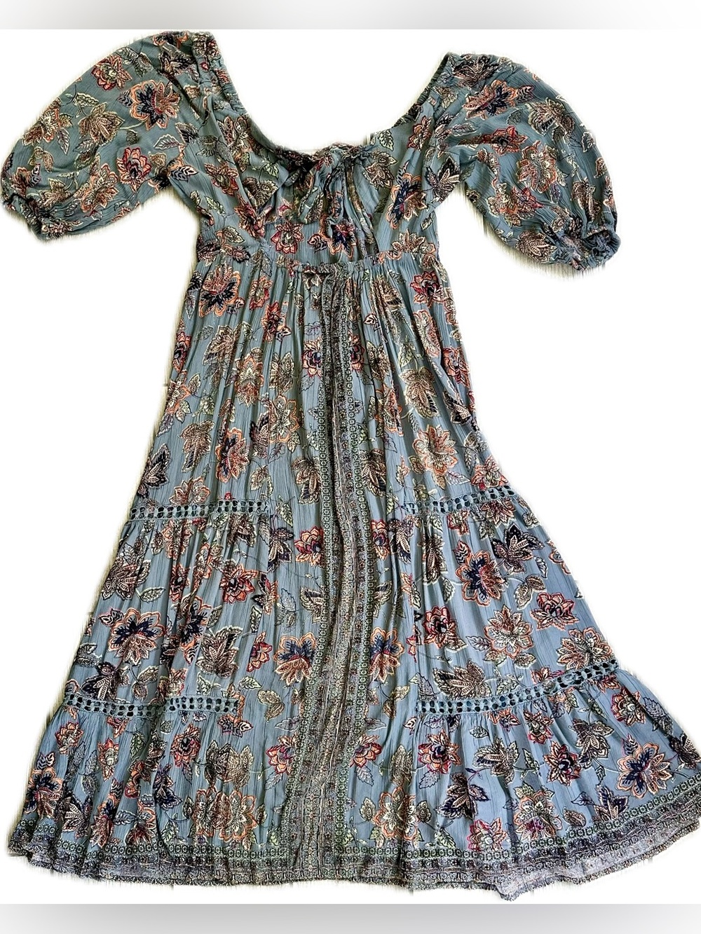 Angie Dusty Blue Floral Tie-back Keyhole Maxi Dress - Size Large - Picture 3 of 9